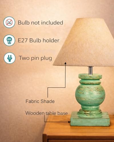 Image of Homesake Small Table Lamp with Green Wooden Base, E27 Holder Bedside Night Lamp for Bedroom Living Room, Decorative Study Desk Lamp Office, Warm Ambient Lighting for Home Decor, Gift, (Jute)