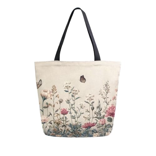 Extra Large Shoulder Tote Bag for Beach Travel Weekender Gym Vintage Wildflowers Butterfly Red Green Beige Reusable Grocery Canvas Shopping Bag