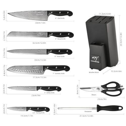 Image of NANFANG BROTHERS 9-Piece Damascus Kitchen Knife Set, 67-Layer VG10 Japanese Steel, Professional Chef Knives with Compact Wooden Block, Triple-Riveted Ergonomic Handles (Hand-Wash Only)