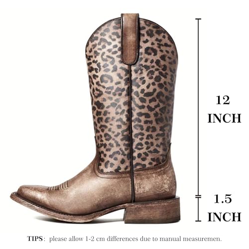 Women's Western Cowboy Boots Mid Calf Square Toe and Cone Heel Cowgirl Boots with Leopard2