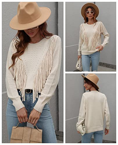 Wawjir Women's Fringe Sweaters Boho Soft Cozy Tassel Pullovers Crew Neck 2022 Trendy Fashion Tops Fall Casual Knit Apricot #TOP2