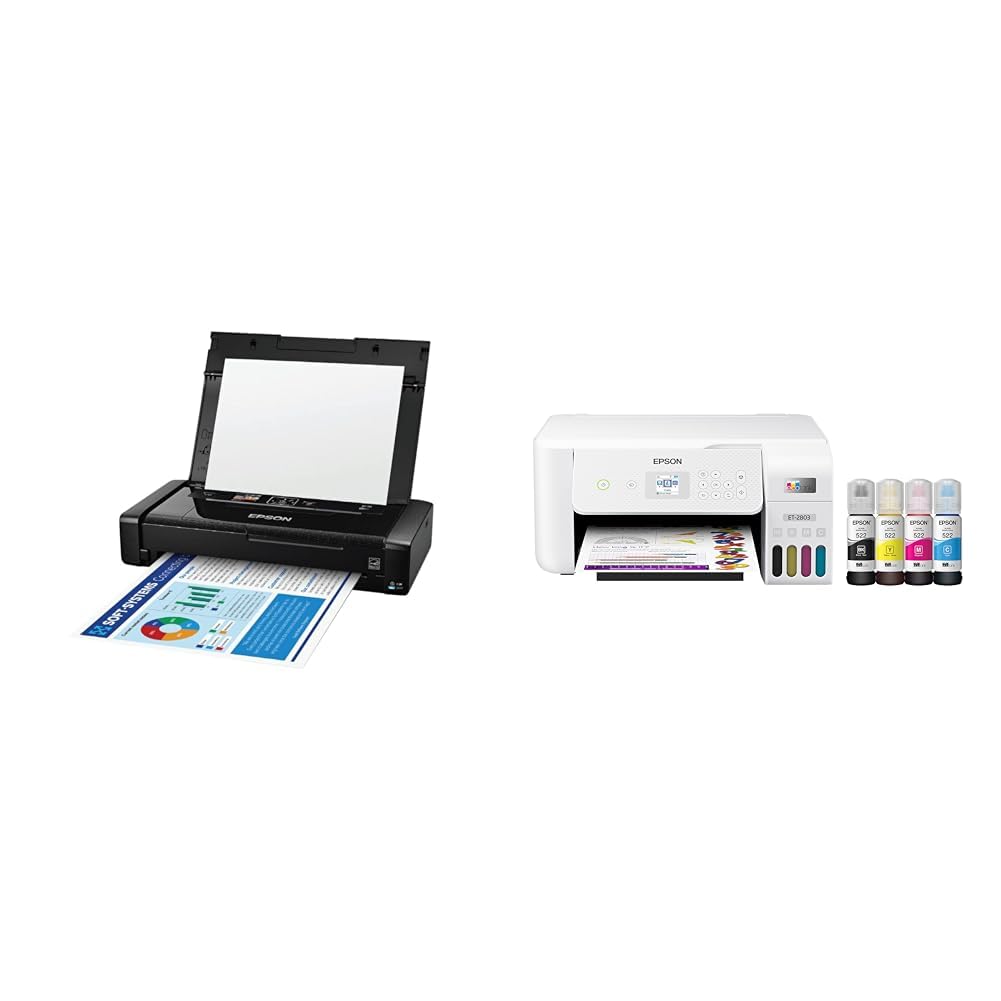 Epson Workforce WF-110 Wireless Color Mobile Printer,White, Small,Black &amp; EcoTank ET-2803 Wireless Color All-in-One Cartridge-Free Supertank Printer with Scan, Copy and AirPrint Support