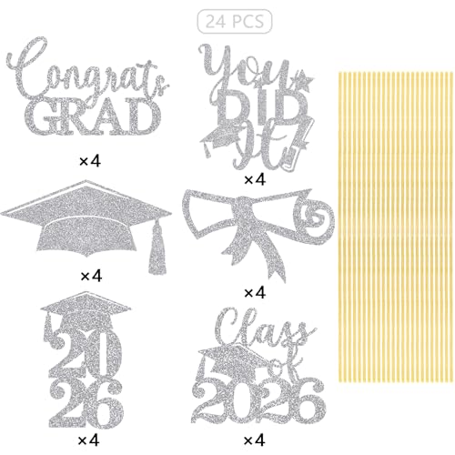 Image of Graduation Centerpiece Sticks 24PCS Glitter Grad Picks Party Table Decor Senior High School College Sign Silver