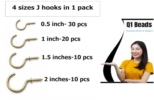 Image of Q1 Beads 70 Pcs Steel Ceiling Cup Hook J Hooks kit, 4 Sizes Screw-in Hanging Ceiling Hook Hanger (1 /2 inch, 1 inch,1.5 inch,2 inch)
