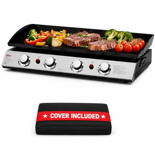 Huge 4 Burner Gas Plancha BBQ Grill with Black Enamelled Griddle Gas Regulator & Cover Stainless Steel 77.5cm x 34.5cm cooking area 4 x 2.5kw Burners