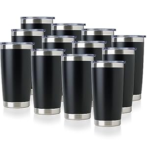 DOMICARE 20oz Stainless Steel Tumbler Bulk with Lid, Double Wall Vacuum Insulated Travel Mug, Powder Coated Coffee Cup, Powder Black, 12 Pack