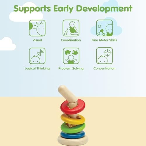 Image of PlanToys Twist & Sort Wooden Stacking Toy for Toddlers | Montessori Fine Motor Toy with Twistable Rod & Colorful Rings | Eco-Friendly Educational Puzzle for Kids Ages 2+