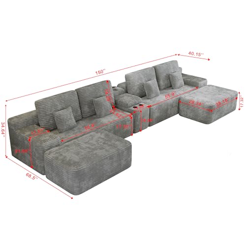 Image of KEIKI 150 inch U-Shaped Oversized Corduroy Modular Sectional Sofa with 2 Ottomans and Multi Functional Console, 6-Seater Upholstered Couch with USB and 2 Cup Holder, Easy Assembly, for Living Room, Grey