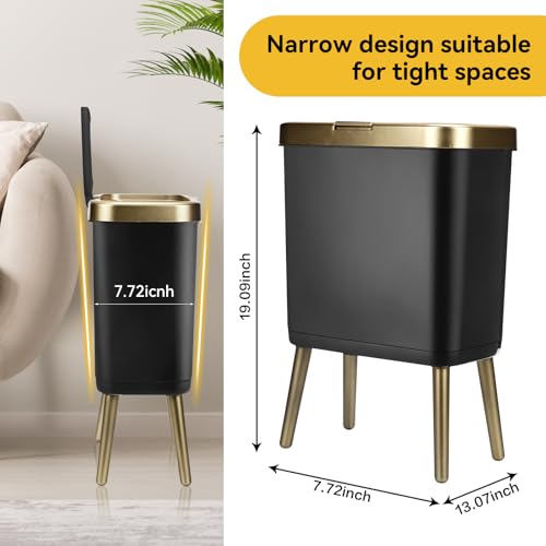 Image of Bathroom Trash Can 4 Gallon, Dog Proof Trash Bin with Press Top Lid, Black Office Waste Basket with Gold Edge, Tall Narrow Garbage Cans for Kitchen, Toilet, Living Room, Bedroom