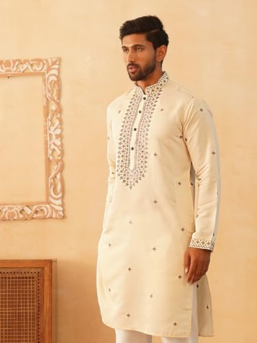 Image of Jompers Men's Cream Sequin Embroidered Kurtas (Cream, XL)