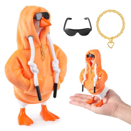 linastu 7inch Desk Goose Outfits, Mini Desktop Goose Clothes Desk Goose Accessories Set for Magnetic Goose Statue (Orange Hoodie+ Sunglasses+ Necklace)