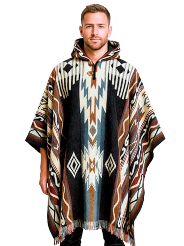 Image of Wool Poncho Adult Ponchos With Hood for men Alpaca Poncho Men Artesanal Ponchos Adult Alpaca Mens Panchos