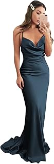 Vestidos de dama de honor de satén de seda con cuello vuelto de sirena, vestidos largos de tirantes delgados, vestido de b...