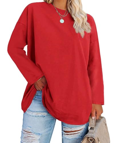 Fisoew Mulher tamanhos grandes tops manga comprida tamanhos grandes t-shirts gola redonda tops Oversize, Vermelho, 3XL Grande