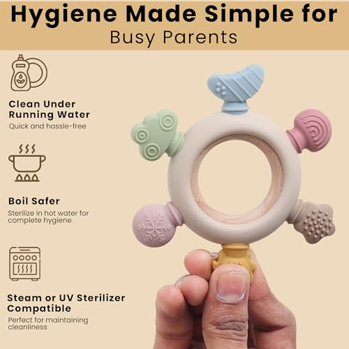 Image of Niwlix Silicone Baby Teething Ring, Multi-Coloured Textured Sensory Toy with 6 Soothing Elements Baby Teether 6-12 Months Soft