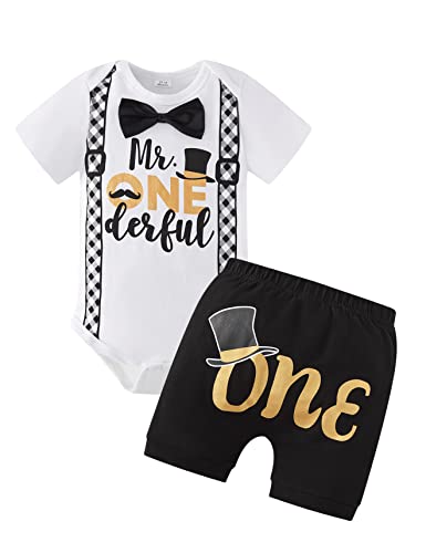 MOMMY'S NEW MAN ベビー ファーストバースデー 衣装 男の子 半袖 紳士 1歳 ロンパース + ショーツ ケーキ スマッシュ ボディスーツセット, Mr.onederful, 18-24 Monthsの商品画像（Amazon）