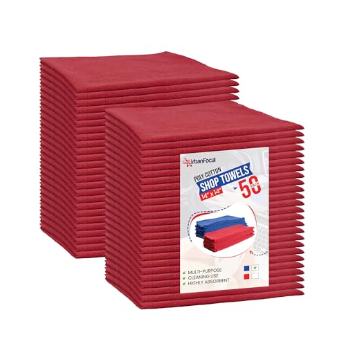 UrbanFocal Shop Towels Polycotton Cleaning Cloth 50 Pack - Red Reusable Kitchen Towels Cleaning Highly Absorbent Lint-Free Shop Rags | Shop Towel Red 14 x 14