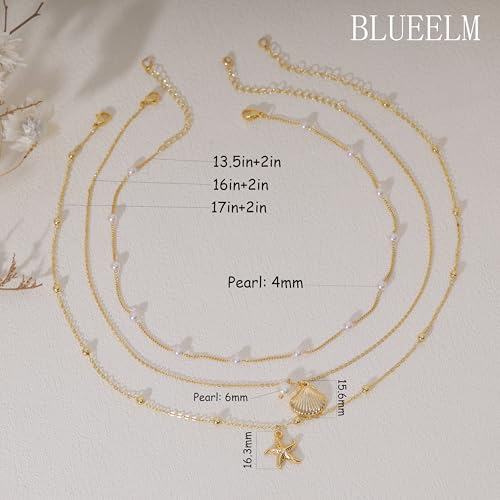 Layered Shell Necklace for Women, 14K Gold Plated Charm Seashell Starfish Charm Necklace Stack Dainty Gold Summer Necklaces Cute Waterproof Beach Jewelry for Women3