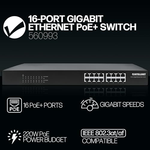 Image of Intellinet 16-Port Gigabit Ethernet Poe+ Switch - 220W Power Budget, 30W per Port, Auto Uplink Support, Rack-mountable - 3 Yr Mfg Warranty - 560993