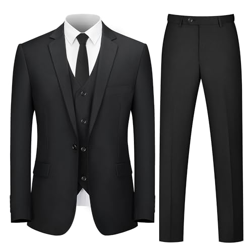 LORENZO BRUNO 3 Piece Black Suits for Men Slim Fit Mens Suit for Business Wedding Party One Button Blazer Tuxedo Jacket Vest & Pants with Tie, Black M