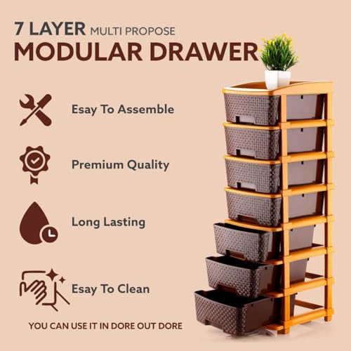 Image of TEKCOOL Plastic Drawer Organizer Self Standard Rectangular Multi Purpose Modular Drawer System Large Chest of Drawer Organizer for Home Office,Product Dimension When assembeled (7XL, Coffee);