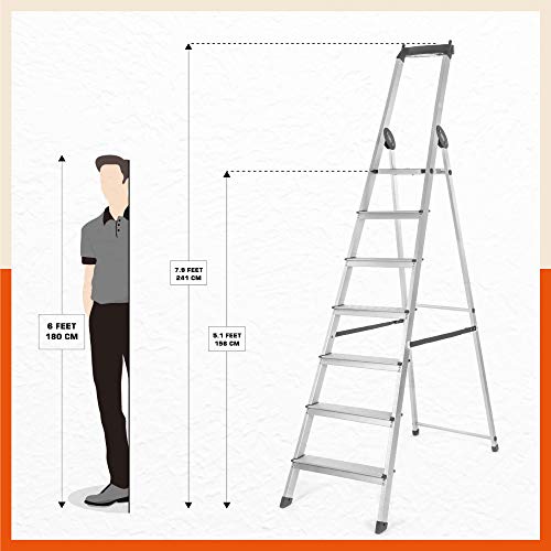 Image of Bathla Elevate 7-Step Foldable Aluminium Ladder for Home with Tool Tray | Anti-Skid | Durable, Heavy Duty, Safe & Stylish | 5-Year Warranty | Black