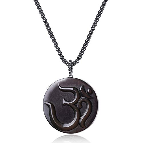 COAI Collar con Colgante OM de Obsidiana Negra Piedra Natural para Hombre con Cadena de Acero Inoxidable 60cm
