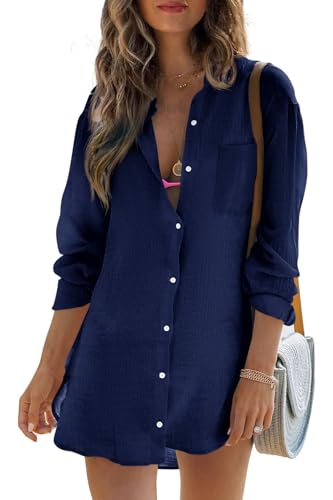 Womens Beach Cover Up Button Down Shirts Summer Cotton Gauze Tops Long Sleeve Bikini Swimsuit