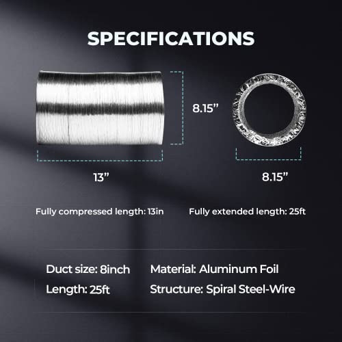 Ipower Glduct8X25C 8 Inch 25 Feet Non-Insulated Flex Air Aluminum Foil Ducting Dryer Vent Hose For Hvac Ventilation With 2 Clamps, 1-Pack, Silver #TOP1
