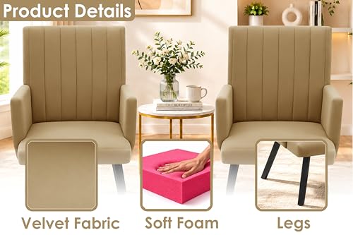Image of Rosebell Modern Velvet Office Chairs Set of 2 with Armrests & Metal Legs | Upholstered High Back Leisure Chairs for Living Room, Bedroom, Office, Cafe & Dining Room | Golden