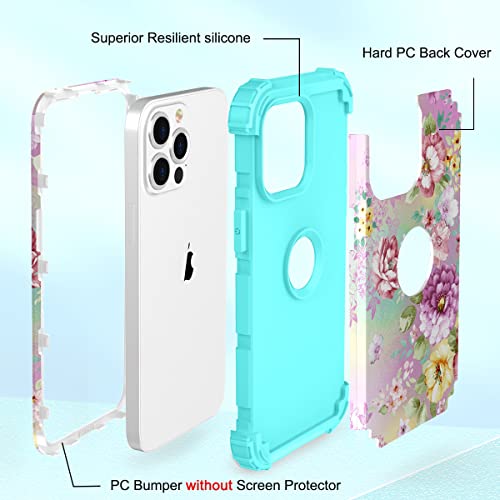 Image of Hocase for iPhone 13 Pro Max Case, Heavy Duty Shockproof Protection Soft Silicone Rubber Bumper+Hard Plastic Hybrid Protective Case for iPhone 13 Pro Max (6.7 inch) 2021 - Purple Florals /Teal