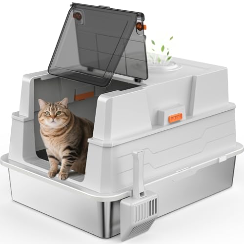 MIXJOY Katzenklo Edelstahl mit Deckel, Katzenklo Groß 71x51x42cm für Großkatzen und Mehrkathenhaushalte, Geschlossene, Halboffene und offene Modi,...