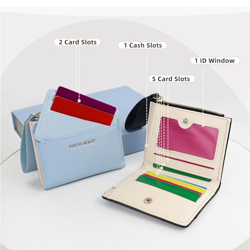 WishLotus Small Wallet for Women, PU Leather Womens Bifold Wallet with Zipper Coin Pocket, Compact Credit Card Wallet with ID Window (Blue)4