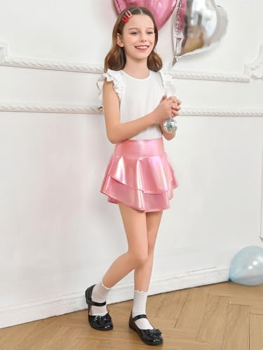 Image of Haloumoning Girls Metallic Skater Skort Kids Shiny Scooter Skirt 4-14 Years
