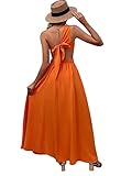 MakeMeChic Women's One Shoulder Sleeveless Cut Out Tie Back A Line Split Long Maxi Dress Orange M