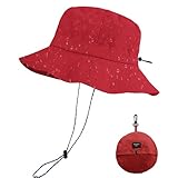PFFY Quick Dry Waterproof Packable Bucket Hat for Women Men Outdoor Sun Hats with Detachable Chin Strap Red (More Loose)