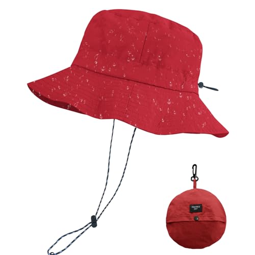 PFFY Quick Dry Waterproof Packable Bucket Hat for Women Men Outdoor Sun Hats with Detachable Chin Strap Red (More Loose)