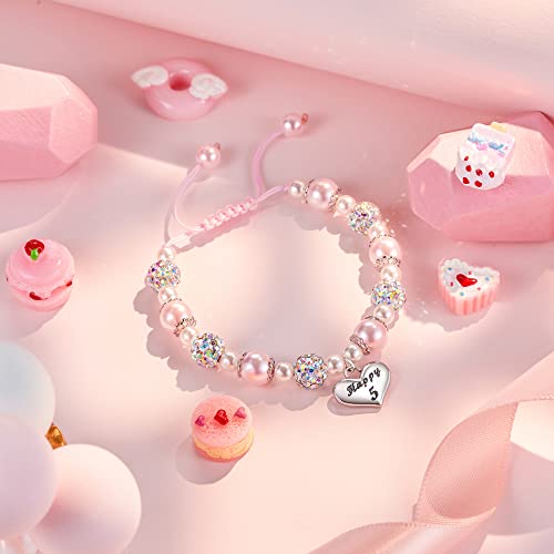 Jeka Happy Birthday Gifts for 5-10 Year Old Girls, 10th Birthday Pink Pearl Heart Charm Bracelets Gifts for Girls Daughter Granddaughter Niece Cousin 5