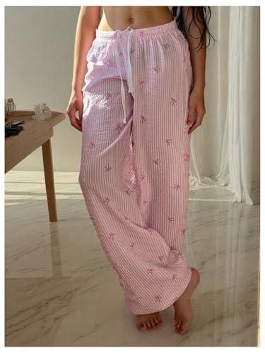 WDIRARA Women's Plus Size Striped Bow Print Pants Drawstring Waist Wide Leg Pants2
