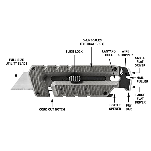 Image of Gerber Gear Prybrid Multi Tool Utility Pocket Knife, Utility EDC Razor Knife with Retractable Box Cutter Blade and Pry Bar, Grey G10 no Clip