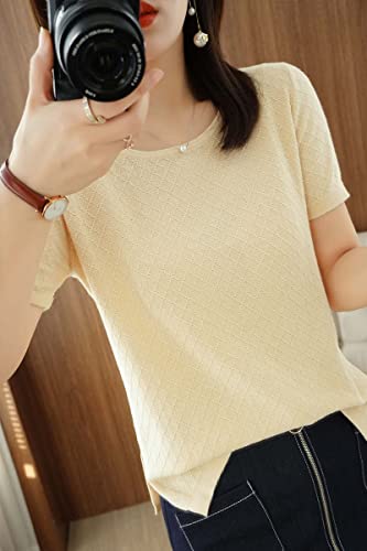 Image of Womens Short Sleeve Sweaters Tops Summer Thin Pullover Cotton Knit Shirt Crew Neck Lightweight Pointelle Blouse