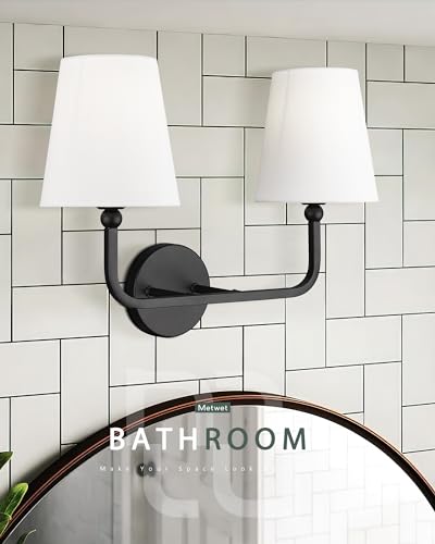 Image of 2-Light Bathroom Vanity Light Fixtures in Matte Black Finish, Modern Bedside Wall Sconces with Flared White Fabric Shade for Bathroom, Hallway, Living Room, Kitchen, VL837-MB-2