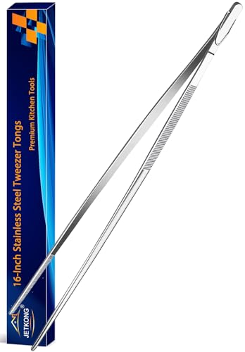 JETKONG 16-Inch Kitchen Tweezers Fine Tweezer Tongs Extra-Long Stainless Steel Cooking Tweezers (Point-Tips)