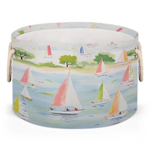 Gumuslen Cartoon Sailboat Boat Storage Basket Collapsible Storage Bins with Handle Organizer Clothes Laundry Basket Kids Toys Blanket Baby Nursery Gift Basket for Boys Girls Room Decor