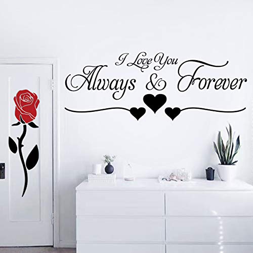2 Pieces Vinyl Wall Sticker I Love You Always & Forever and Creative Romantic Removable Flowers Rose Wall Decal Wall Art Decor Flowers Wall Decals for Couple Bedroom Living Room Girls Room Home Decor.