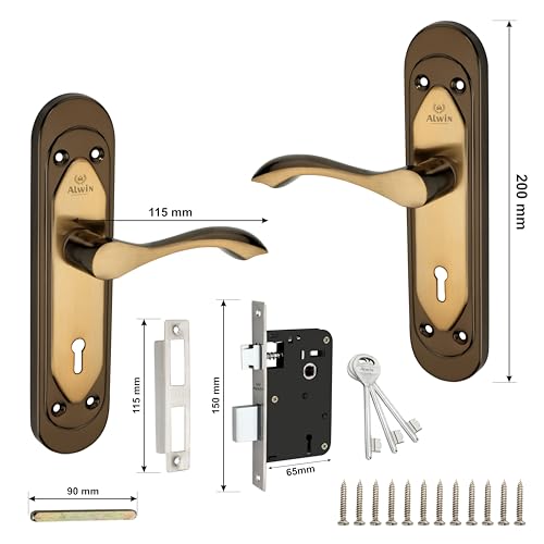 Image of Royal Flora KY, 8 Inch Iron Mortise Lockset, 6 Lever Double Turn Lock, 3 Keys,Ideal for Main Door, Bedroom, Living Room, Bathroom and Kitchen Doors Both for Right and Left Hand Doors. (Black-P Gold)