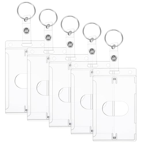 5 Pack Hard Plastic Badge Holder, Keychain Card Holder Heavy Duty Badge Holders Clear ID Name Card Holders with Keyring and Thumb Slot