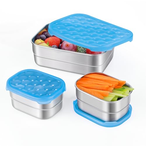 Image of Tanjiae Stainless Steel Lunch Snack Containers Set | Leak Proof 304 Stainless Steel Food Containers with Silicone Lids - Perfect Metal Lunch Box for School and Daycare (Blue Lunch, Medium)