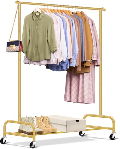 MISSLO Perchero resistente para dormitorio, 110 cm con ruedas para colgar ropa, perchero de metal con ruedas para abrigos, vestidos, ropa (dorado)
