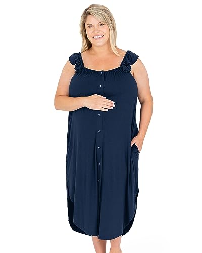 Image of Kindred Bravely Labor and Delivery Gown, 3 in 1 Hospital Gowns for Women Labor Delivery, Ruffle Straps (Navy, Medium/Large)